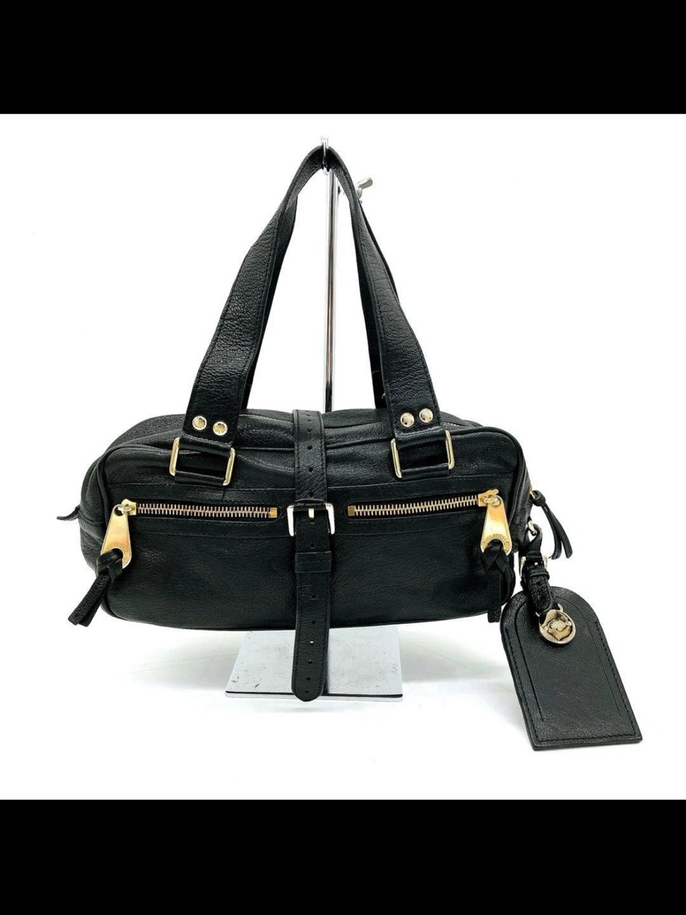 Mulberry Black Leather Double-Handle Shoulder Bag with Gold Hardware